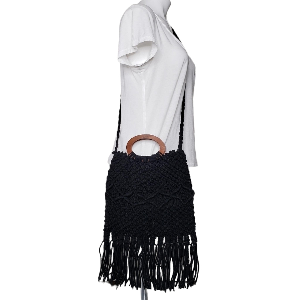 Danielle Nicole | Black Macrame Fabric Fringe Cro… - image 1